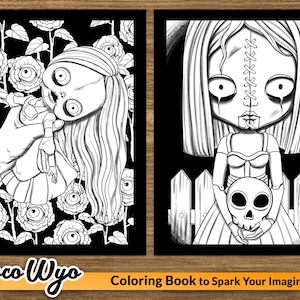 May include: Two black and white illustrations of dolls with stitched faces. The first doll is being held by a hand and is surrounded by flowers with eyes. The second doll is holding a skull and standing in front of a fence.
