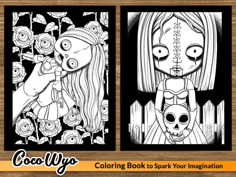 May include: Two black and white illustrations of dolls with stitched faces. The first doll is being held by a hand and is surrounded by flowers with eyes. The second doll is holding a skull and standing in front of a fence.