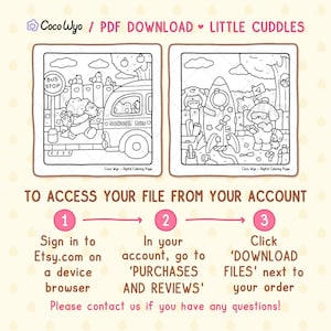 May include: Two black and white coloring pages featuring cute cartoon characters. The first page shows a school bus with a bear character waiting at the bus stop. The second page shows a rocket ship with a bear character standing next to it. The text "Coco Wyo - Digital Coloring Page" appears below each image. The text "TO ACCESS YOUR FILE FROM YOUR ACCOUNT" appears in a brown box at the bottom of the image. Three steps are listed below the text, with numbers 1, 2, and 3 in circles. The steps explain how to download the coloring pages from Etsy.com.