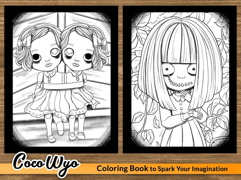 May include: Black and white coloring book pages featuring two dolls. One page shows two conjoined dolls with large eyes and bows in their hair. The other page shows a doll with large eyes and a stitched mouth. The text "Coco Wyo Coloring Book to Spark Your Imagination" is at the bottom of the image.