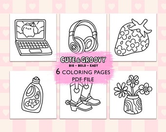 May include: Six black and white coloring pages featuring a laptop, headphones, a strawberry, a bottle of detergent, cowboy boots, and a vase of flowers. The text "Cute & Groovy" and "6 Coloring Pages PDF File" is printed on a pink background.