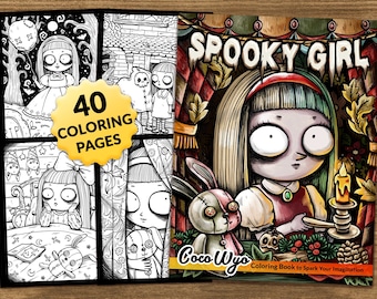 May include: A coloring book cover featuring a spooky girl with large eyes and a stitched doll. The cover is illustrated in black and white with a red and white striped tent behind the girl. The title "Spooky Girl" is written in large, bold letters. The book is by Coco Wyo and has 40 coloring pages.