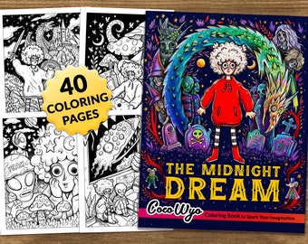 May include: A coloring book cover with a colorful illustration of a girl with curly hair standing in front of a dragon and other fantastical creatures. The title of the book is "The Midnight Dream" and the author is "Coco Wyo".
