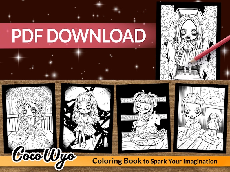 May include: A coloring book with the title "Coco Wyo Coloring Book to Spark Your Imagination". The cover features five black and white illustrations of girls with different expressions and poses. The illustrations are in a gothic style.