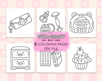 May include: Six black and white coloring pages featuring cute and groovy illustrations. The illustrations include a purse, a bottle of cream, a face roller, a pop-it toy, a nightstand, a set of binders, and a cupcake.