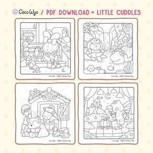 May include: Four black and white coloring pages featuring cute animal characters. The first page shows a bunny wearing a bow and a hat, the second page shows a bear wearing a life preserver, the third page shows a fox and a horse, and the fourth page shows a unicorn holding a pumpkin.