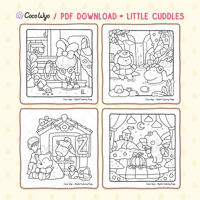 May include: Four black and white coloring pages featuring cute animal characters. The first page shows a bunny wearing a bow and a hat, the second page shows a bear wearing a life preserver, the third page shows a fox and a horse, and the fourth page shows a unicorn holding a pumpkin.