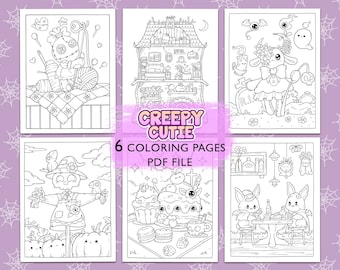 May include: Six black and white coloring pages featuring cute, spooky illustrations. The pages include images of a voodoo doll, haunted house, and other Halloween-themed characters. The text "Creepy Cutie" and "6 Coloring Pages PDF File" are also visible.