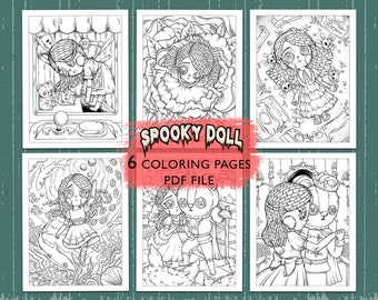 May include: Six black and white coloring pages featuring spooky dolls. The title of the coloring book is "Spooky Doll 6 Coloring Pages PDF File".