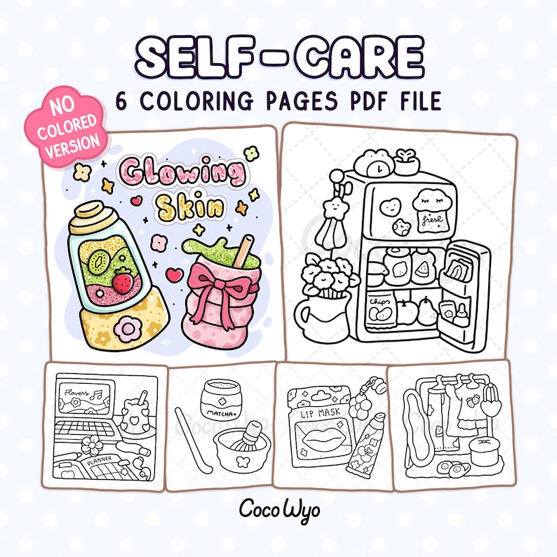 Puede incluir: Una descarga digital con seis p&aacute;ginas para colorear sobre el cuidado personal. Las ilustraciones incluyen una licuadora con fruta, una bebida con un lazo, un refrigerador, un escritorio con una computadora, matcha, una mascarilla labial y ropa.