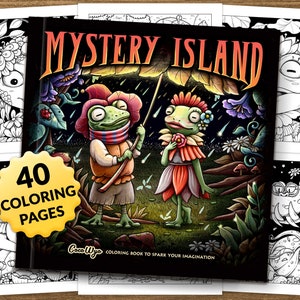 May include: A coloring book cover with a black background and the title "MYSTERY ISLAND" in yellow and red letters. The cover features two frogs under an umbrella in a forest setting. The book has 40 coloring pages and is by Coco Wyo.