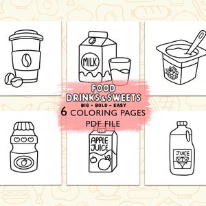 Peut inclure: Six pages à colorier en noir et blanc représentant différents aliments et boissons, notamment une tasse de café, un carton de lait, un verre de lait, un pot de yaourt, une bouteille de jus de pomme et une bouteille de jus. Le titre "FOOD DRINKS & SWEETS" est écrit en gras au-dessus des pages à colorier. Le texte "BIG - BOLD - EASY" est écrit sous le titre. Le texte "6 COLORING PAGES" est écrit en plus gros caractères sous le texte précédent. Le texte "PDF FILE" est écrit sous le texte précédent.