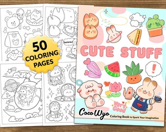 Puede incluir: Un libro para colorear con 50 páginas que presenta lindas ilustraciones de animales, comida y otros objetos. La portada presenta un esquema de color rosa y blanco con el texto "Cute Stuff" y "Coco Wyo".
