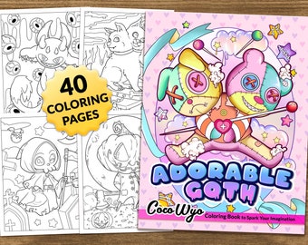 Op de afbeelding: Een kleurboekomslag met een roze achtergrond en twee gestikte cartoonfiguren in een pastelkleurenschema. De titel van het boek is "Adorable Goth" met de naam van de auteur "Coco Wyo" eronder. Het boek bevat 40 kleurplaten.