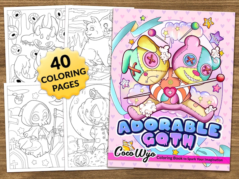 K&ouml;nnte beinhalten: Ein Malbuchcover mit rosa Hintergrund und zwei gestickten Comicfiguren in Pastellfarben. Der Titel des Buches lautet "Adorable Goth" mit dem Namen der Autorin "Coco Wyo" darunter. Das Buch enth&auml;lt 40 Malvorlagen.
