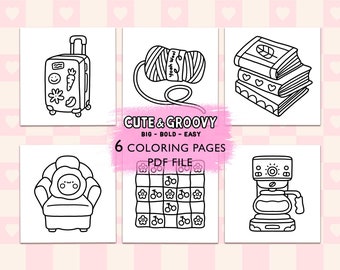 May include: Six black and white coloring pages featuring cute and groovy illustrations. The illustrations include a suitcase, yarn, a stack of books, an armchair, a quilt, and a coffee maker.
