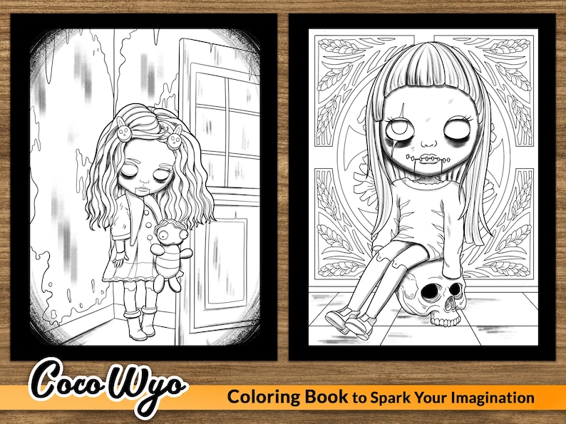 May include: Two black and white coloring pages featuring a spooky doll. The first page shows a doll holding a teddy bear in a room with a door. The second page shows a doll sitting on a skull with a detailed background.