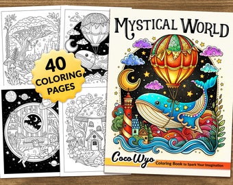 Könnte beinhalten: Ein Malbuch mit dem Titel "Mystical World" mit einer farbenfrohen Illustration eines Wals mit einem Heißluftballon. Das Cover zeigt auch einen Leuchtturm, einen Mond und Sterne. Das Buch enthält 40 Malvorlagen.