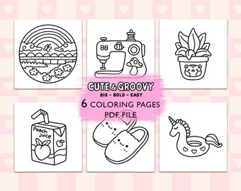 May include: Six black and white coloring pages featuring cute and groovy illustrations. The illustrations include a rainbow, a sewing machine, a potted plant, a juice box, a pair of slippers, and a unicorn on a float.