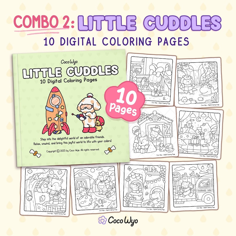 May include: A set of 10 digital coloring pages featuring adorable animal friends. The pages are titled "Little Cuddles" and include a variety of scenes, such as a dog in a rocket, a group of animals playing in a park, and a dog riding a bus. The pages are perfect for kids who love to color and are looking for a fun and creative activity.