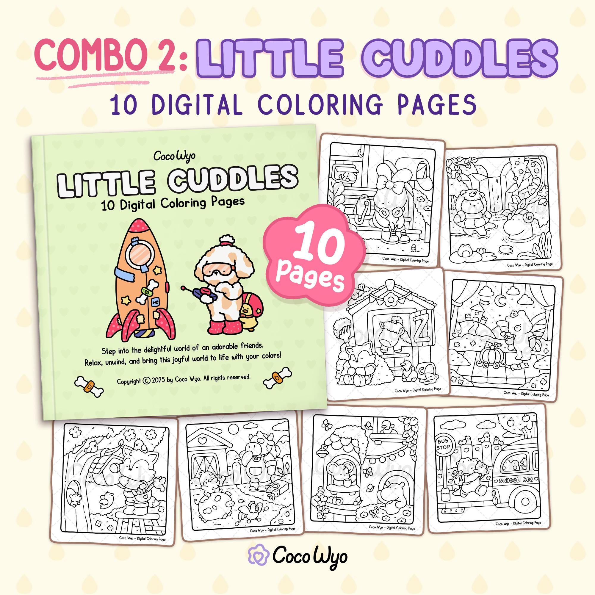 Little Cuddles | Combo 2: Páginas para colorear de adorables animales (Descarga digital) de Coco Wyo