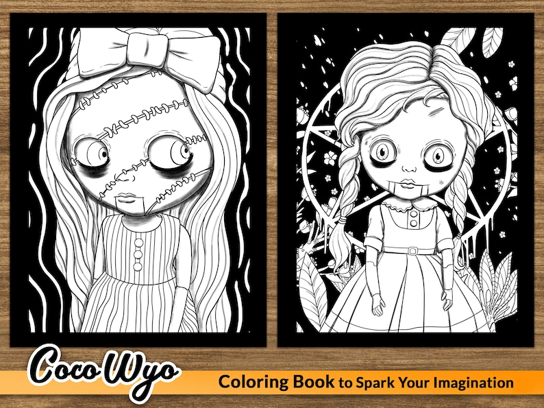 May include: Black and white coloring book pages featuring two illustrations of dolls with stitched faces and long hair. The text "Coco Wyo Coloring Book to Spark Your Imagination" is at the bottom of the image.