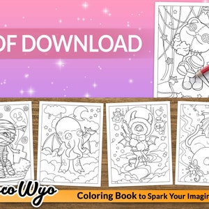 K&ouml;nnte beinhalten: Ein Schwarzwei&szlig;-Malbuch mit dem Titel "Coco Wyo Coloring Book to Spark Your Imagination". Das Buch zeigt f&uuml;nf verschiedene Illustrationen von niedlichen, gruseligen Figuren, darunter eine Mumie, eine Cthulhu-&auml;hnliche Kreatur, ein Teufel und eine Katze mit einem Sch&auml;del.