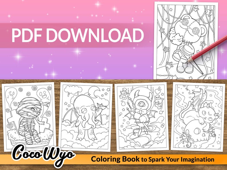 K&ouml;nnte beinhalten: Ein Schwarzwei&szlig;-Malbuch mit dem Titel "Coco Wyo Coloring Book to Spark Your Imagination". Das Buch zeigt f&uuml;nf verschiedene Illustrationen von niedlichen, gruseligen Figuren, darunter eine Mumie, eine Cthulhu-&auml;hnliche Kreatur, ein Teufel und eine Katze mit einem Sch&auml;del.