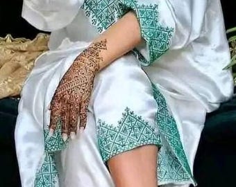 Caftan Marocain Brodé 3 Pièces Femme - Conjunto Kaftan Marroquí Bordado Pantalones & Tablier - Vestido Tradicional Elegante