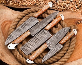 Handforged Damascus Steel Resign Kitchen Knives Set, Chef Set, Fillet Knife, Santoku Knife Best Anniversary Gift For Husband Gift For Him