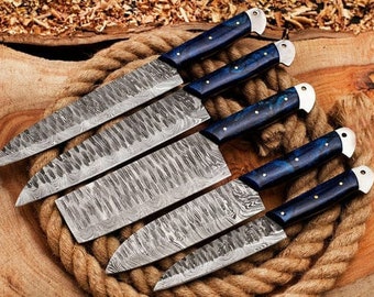 Custom Handmade Chef Knives Set Damascus Steel Kitchen Knives Set Cleaver, Professional Knives Sharp Knife With Leather Roll Gift For Her