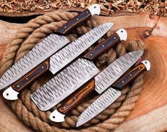 Handmade Damascus Steel Brown Kitchen Knives Set, Cleaver Fillet and Bread Knife Handmade Knife Anniversary Gift For Him Personalized Gift