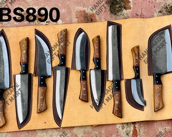 Handmade Carbon Steel Chef Knives Set, Kitchen Knives Cleaver Fillet and Bread Knife Anniversary Gift For Husband Personalized Gift For Dad