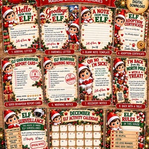 May include: A digital printable bundle featuring eleven Christmas-themed documents including an arrival letter, farewell letter, adoption certificate, behavior reports, warning notice, recovery notice, activity calendar, and elf rules posters.