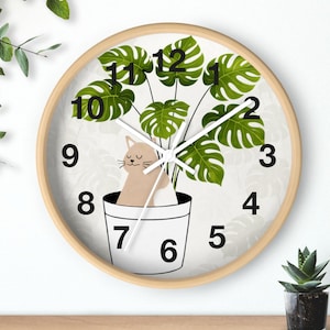 Monstera Cat-wandklok, botanische plantenliefhebber, moderne minimalistische klok