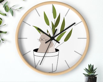 Cat in Plant Wall Clock with hour lines or numbers