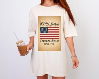 American Flag Unisex Softstyle T-Shirt, Vintage Script Patriotic Tee, We the People, Common Sense since 1776, Faded Parchment Background