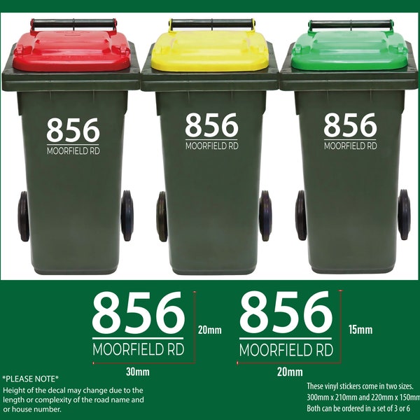 Custom Wheelie Bin Numbers / Set of Three / Rubbish Bin Street Name / House Number / Vinyl Decal, Address / Stickers / Premium Vinyl