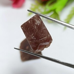 Puede incluir: Una gema en bruto, de color marrón rojizo, es sostenida por un par de pinzas plateadas. La piedra tiene forma rectangular con una superficie ligeramente irregular. Otra piedra similar es visible en el fondo, desenfocada.
