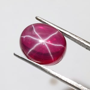 Puede incluir: Una gema de rubí pulida, de forma ovalada, con un efecto de estrella de seis rayos. La gema es de un rojo intenso con un patrón de estrella blanca. Sujeta con pinzas plateadas sobre un fondo blanco.