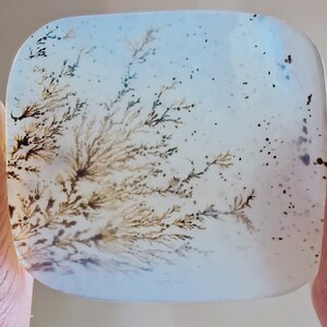 Puede incluir: Un cabujón de ágata blanca translúcida con inclusiones dendríticas en tonos marrones y negros. La ágata tiene un aspecto nublado y lechoso.