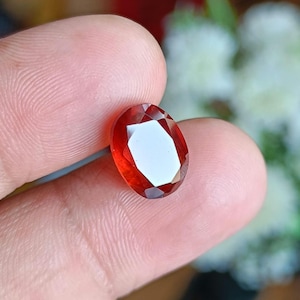 May include: A deep red oval-shaped gemstone with a faceted cut.