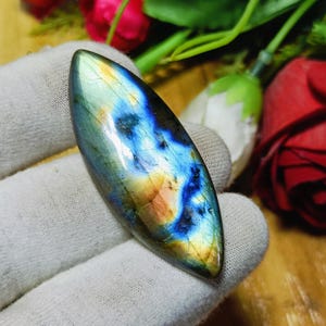 Magnifescent Rainbow Fire Labradorite Marquise Loose Cabochon Gemstone 49X19MM,Flashy Labradorite for Jewelry Making,Natural Crystal 44.55Ct