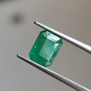 May include: A vibrant green emerald gemstone, cut in a rectangular shape, is held by a pair of tweezers. The emerald has a slightly cloudy appearance, indicating its natural origin.