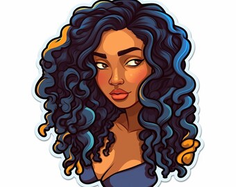 May include: A digital illustration of a woman with long, curly blue hair. She has brown skin and is wearing a blue top.