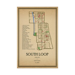 South Loop, Chicago - affiche de quartier vintage - tailles 11 x 14, 11 x 17, 16 x 20, 18 x 24, 20 x 30, 24 x 36