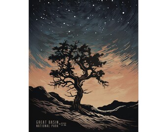 Great Basin National Park - Nevada Art, Poster Print, Modern Wall Decor, Milky Way and Bristlecone Pine Tree, Gift for Nature Lovers,