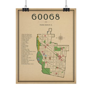 May include: A tan-colored map print of Park Ridge, IL, featuring the zip code 60068 at the top. The map displays streets, green park areas, and numbered red star icons corresponding to a list of twenty-five local landmarks on the left side.