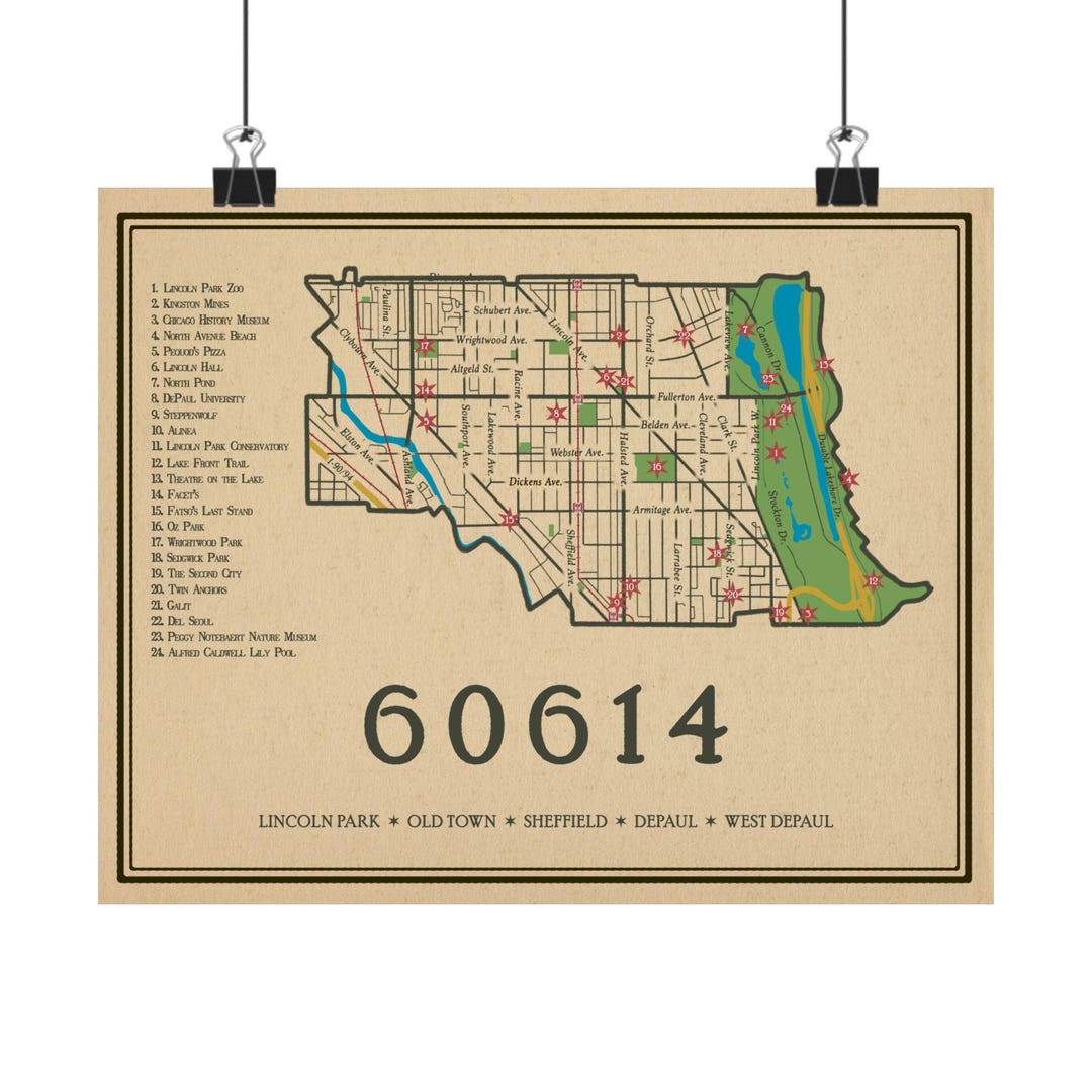 Chicago 60614 Zipcode 2025 Street Map Poster, Lincoln Park, Old Town ...