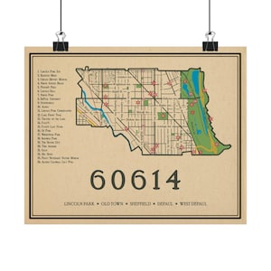 Affiche de plan de rue Chicago 60614 code postal 2025, Lincoln Park, vieille ville, Sheffield, DePaul, West DePaul - style vintage
